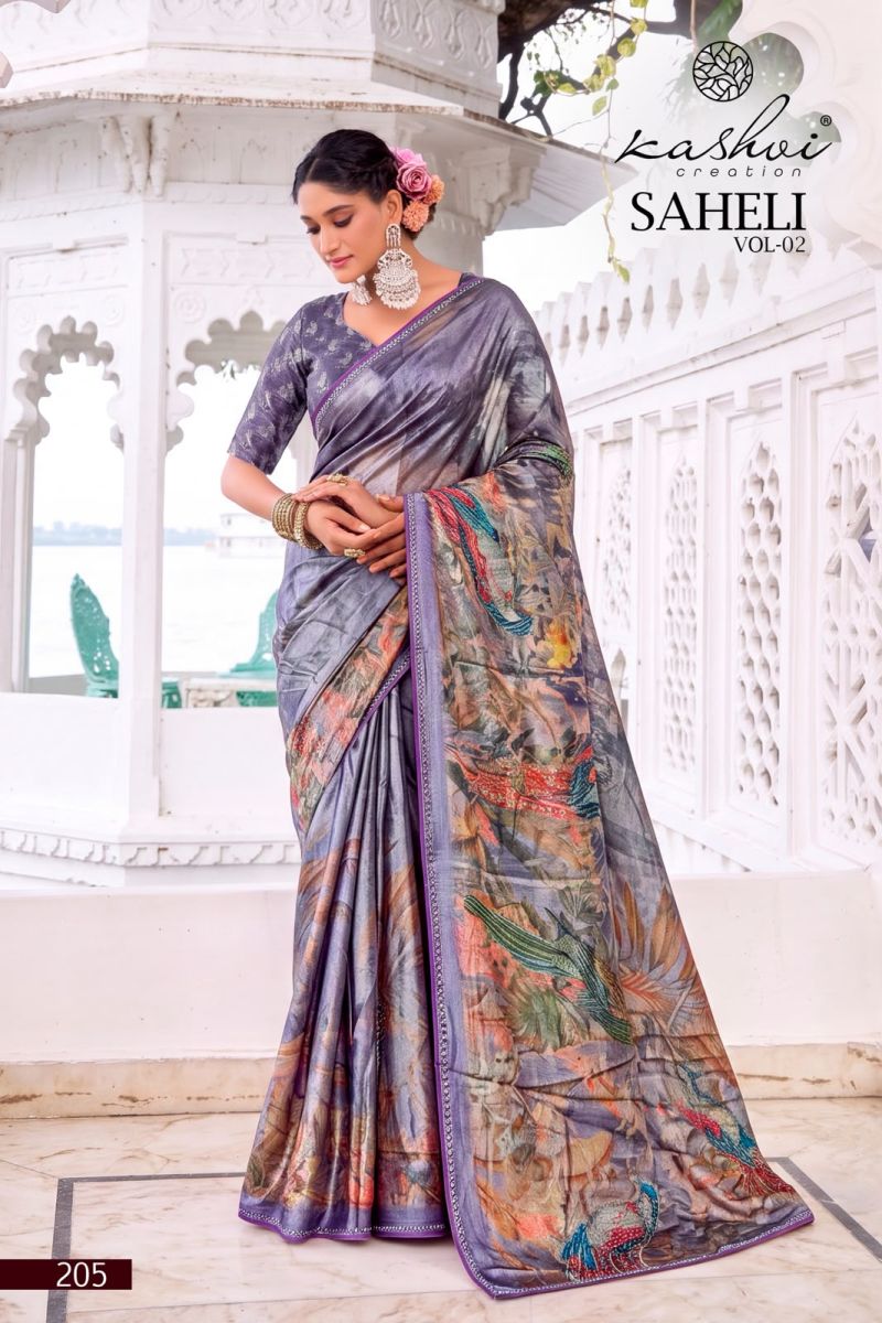 Kashvi Saheli Vol 2 Shine Silk Digital Print With Jharkan Work Saree Collection — Designer Partywear Sarees, Kashvi Creation wholesale from Surat — Photo 8