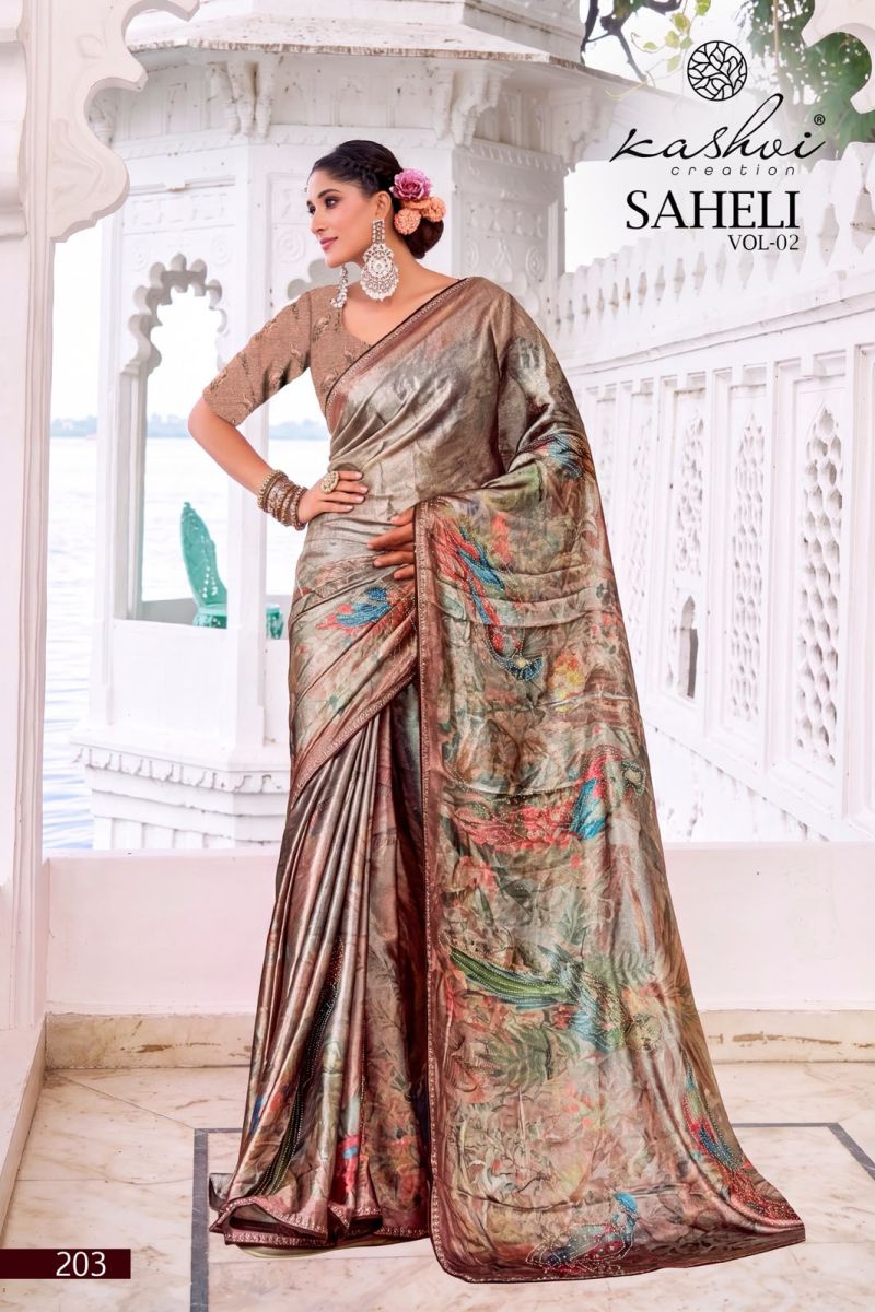 Kashvi Saheli Vol 2 Shine Silk Digital Print With Jharkan Work Saree Collection — Designer Partywear Sarees, Kashvi Creation wholesale from Surat — Photo 7