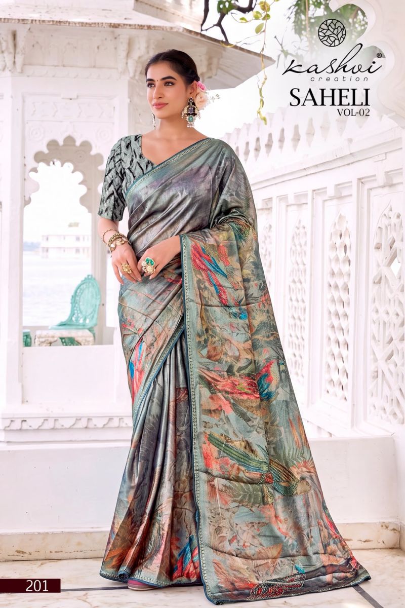 Kashvi Saheli Vol 2 Shine Silk Digital Print With Jharkan Work Saree Collection — Designer Partywear Sarees, Kashvi Creation wholesale from Surat — Photo 5
