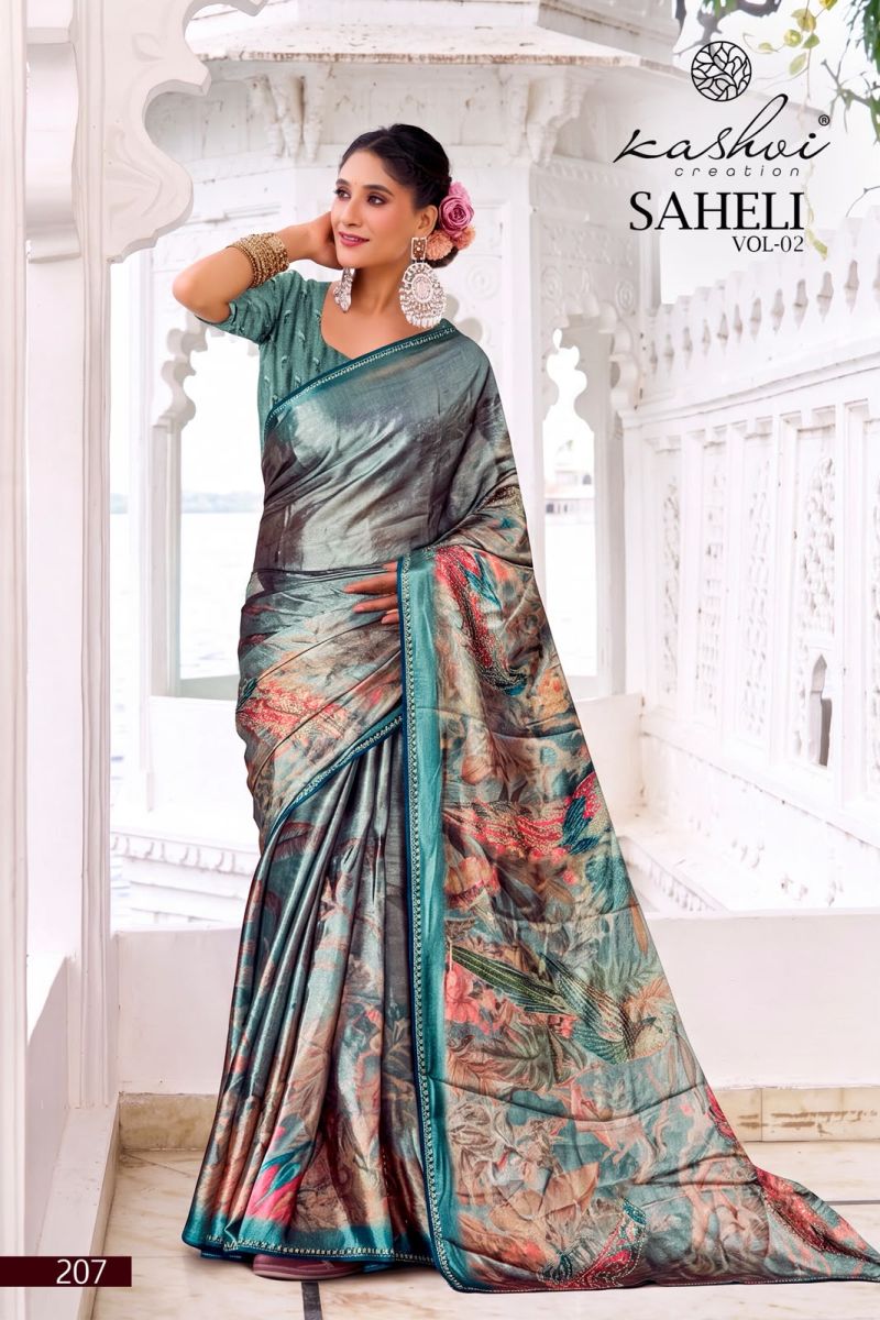 Kashvi Saheli Vol 2 Shine Silk Digital Print With Jharkan Work Saree Collection — Designer Partywear Sarees, Kashvi Creation wholesale from Surat — Photo 4