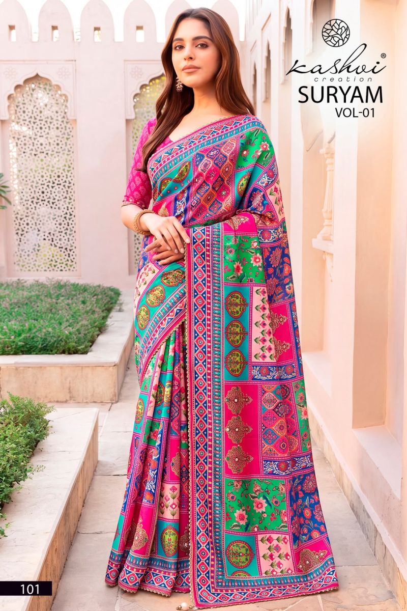 Kashvi Suryam Vol 1 Chinon Digital Print Saree Collection — Wholesale Sarees, Kashvi Creation wholesale from Surat — Photo 2