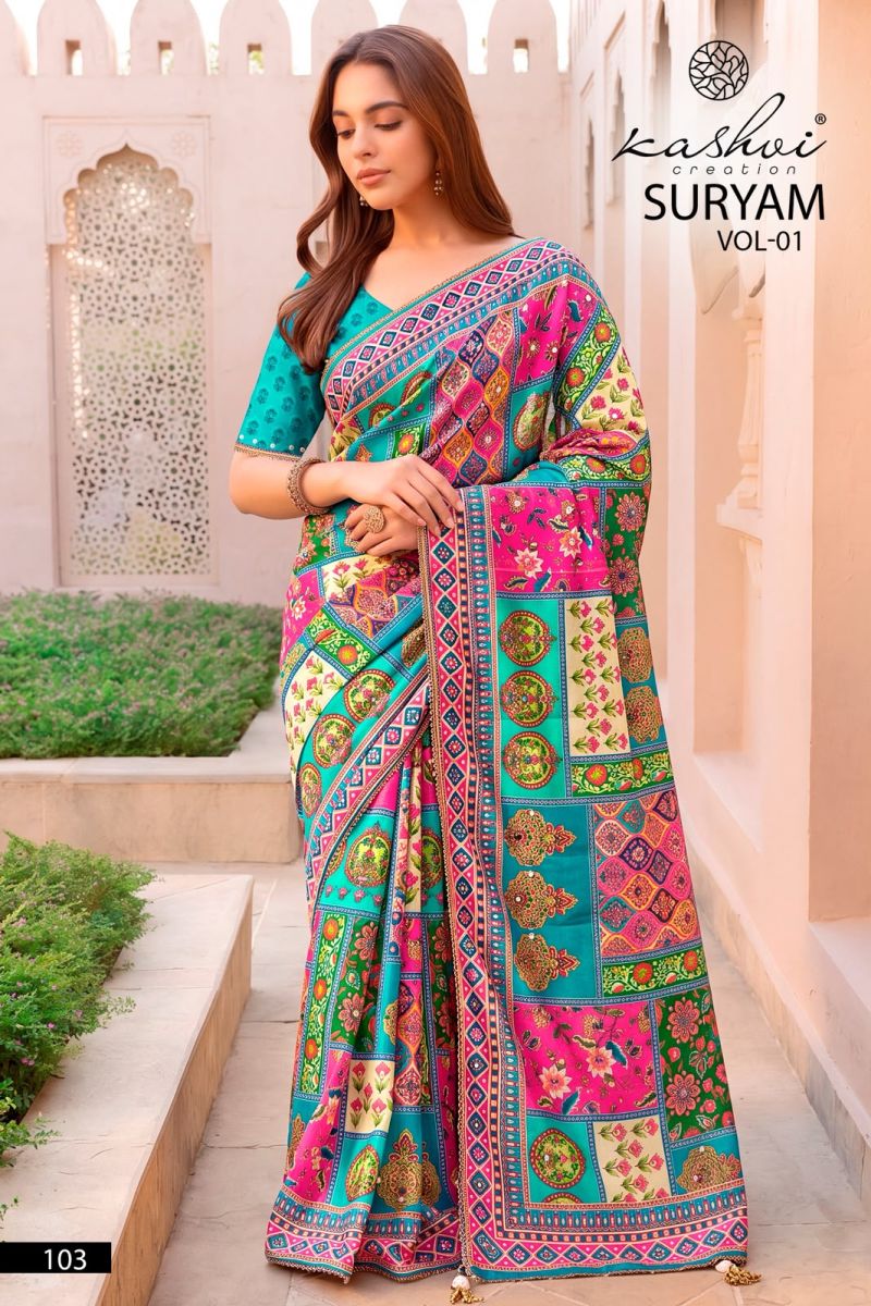 Kashvi Suryam Vol 1 Chinon Digital Print Saree Collection — Wholesale Sarees, Kashvi Creation wholesale from Surat — Photo 4