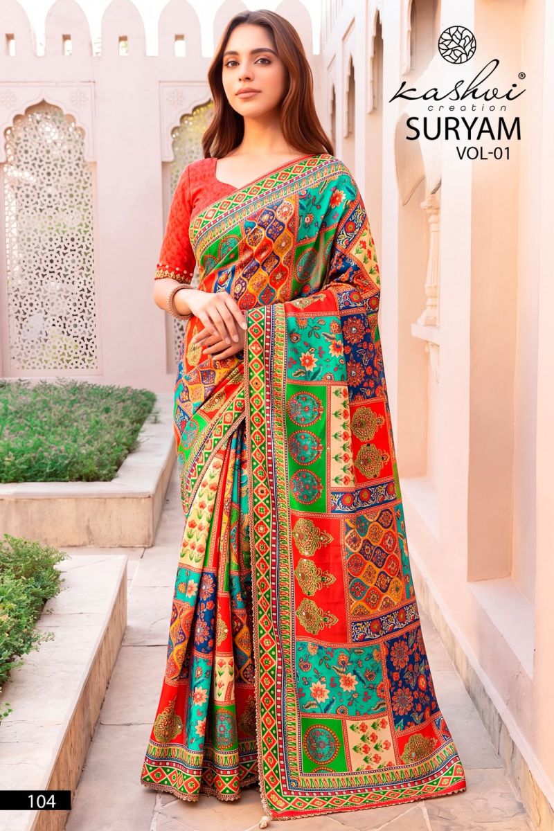 Kashvi Suryam Vol 1 Chinon Digital Print Saree Collection — Wholesale Sarees, Kashvi Creation wholesale from Surat — Photo 3