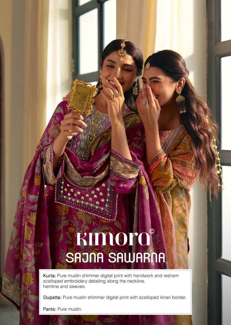 Kimora Sajna Sawarna Muslin Shimmer Digital Print Handwork Salwar Kameez — Wholesale Salwar Suits, Kimora wholesale from Surat — view 4