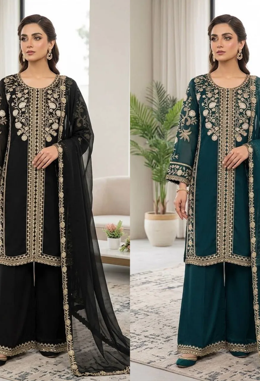 Roman Sequence Embroidery Suit Set Organza Dupatta Palazzo — Wholesale Readymade Suit, Vardan Ethnic wholesale from Surat — Photo 2