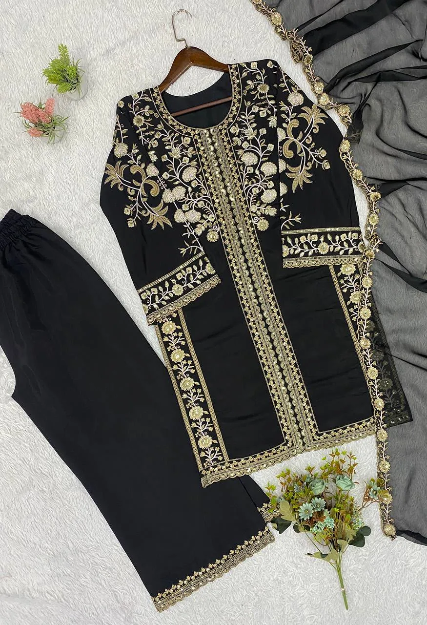 Roman Sequence Embroidery Suit Set Organza Dupatta Palazzo — Wholesale Readymade Suit, Vardan Ethnic wholesale from Surat — Photo 10