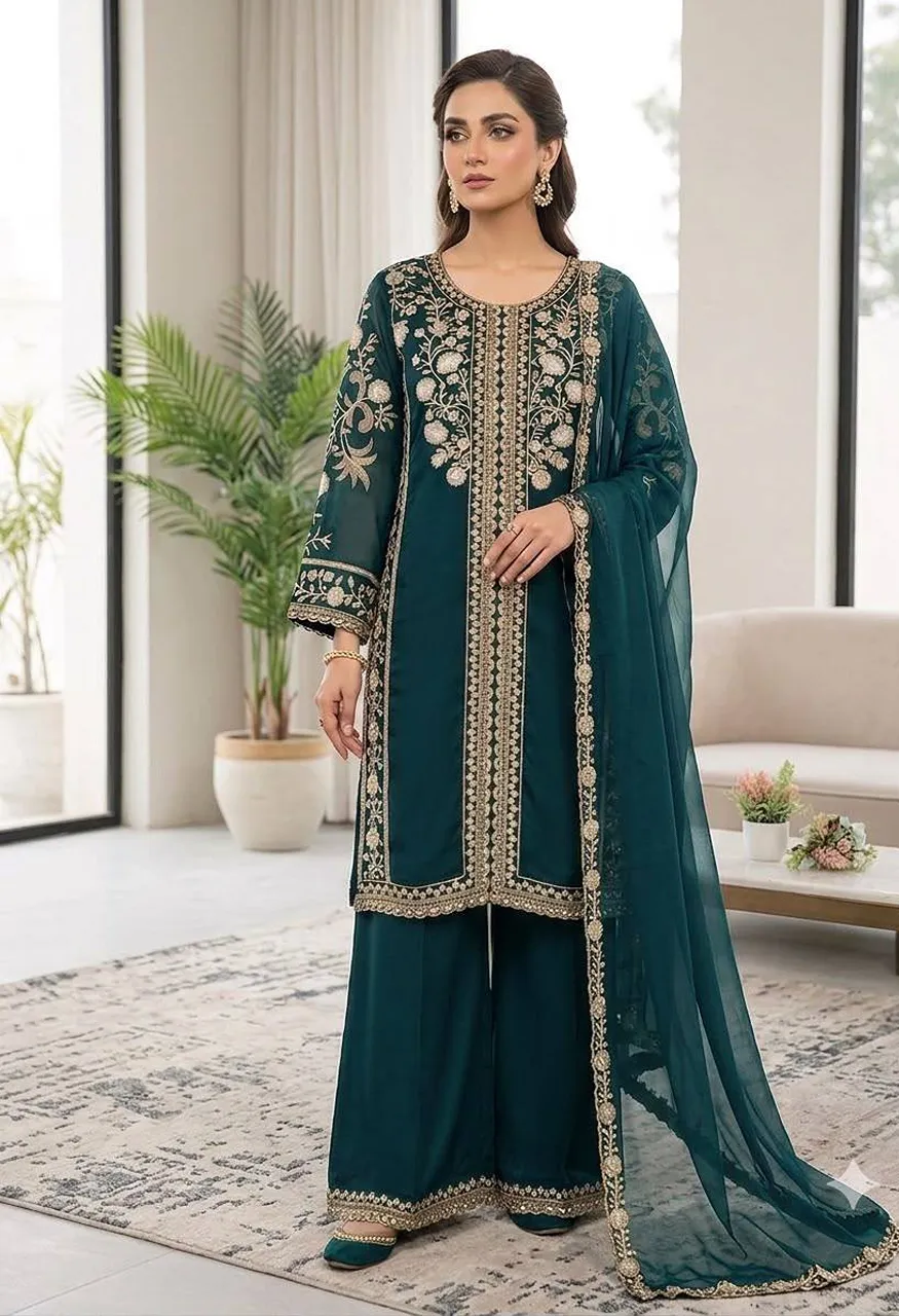 Roman Sequence Embroidery Suit Set Organza Dupatta Palazzo — Wholesale Readymade Suit, Vardan Ethnic wholesale from Surat — Photo 3
