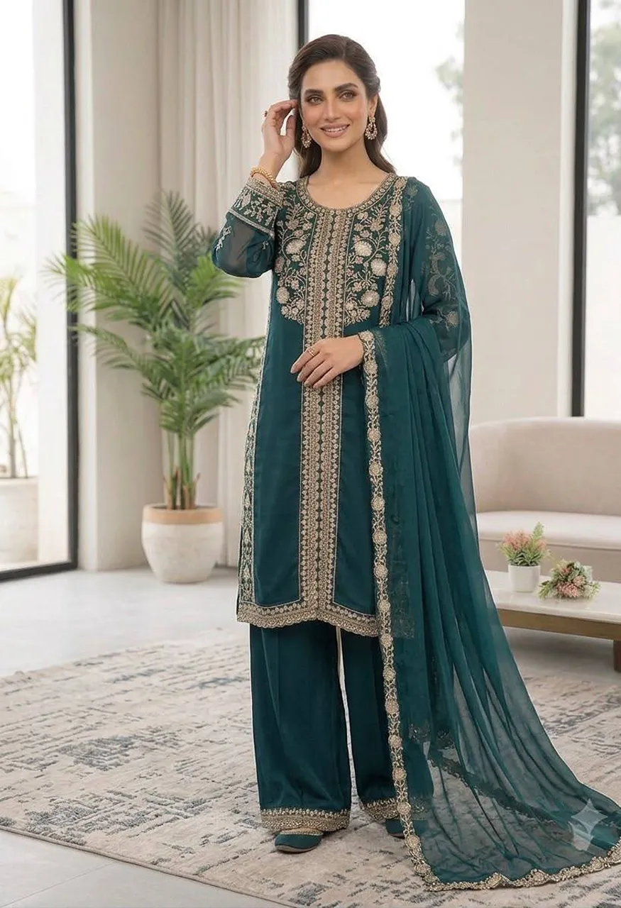 Roman Sequence Embroidery Suit Set Organza Dupatta Palazzo