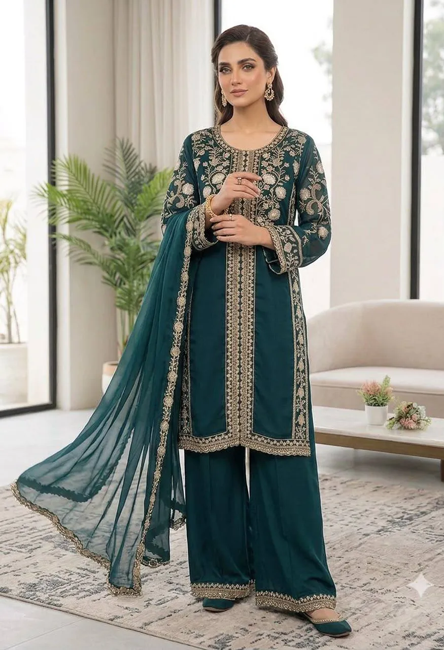 Roman Sequence Embroidery Suit Set Organza Dupatta Palazzo — Wholesale Readymade Suit, Vardan Ethnic wholesale from Surat — Photo 4