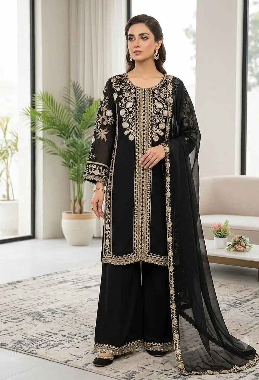 Roman Sequence Embroidery Suit Set Organza Dupatta Palazzo — Wholesale Readymade Suit, Vardan Ethnic wholesale from Surat — Photo 5