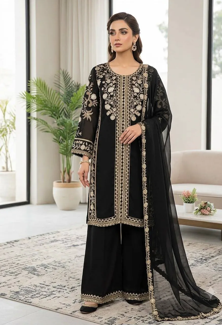 Roman Sequence Embroidery Suit Set Organza Dupatta Palazzo — Wholesale Readymade Suit, Vardan Ethnic wholesale from Surat — Photo 6