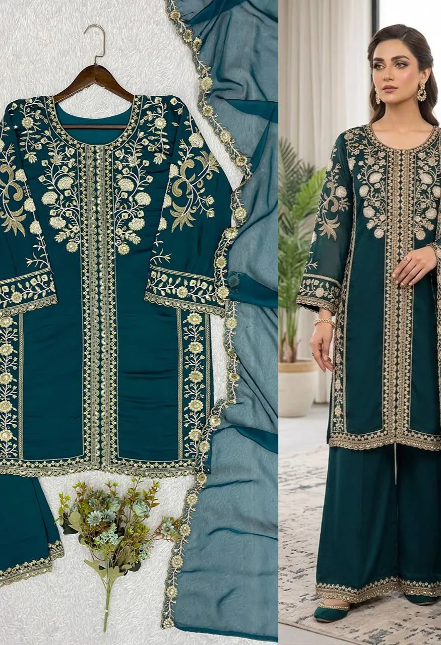 Roman Sequence Embroidery Suit Set Organza Dupatta Palazzo — Wholesale Readymade Suit, Vardan Ethnic wholesale from Surat — Photo 7