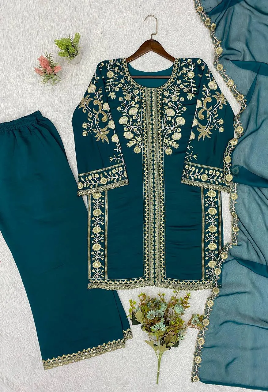 Roman Sequence Embroidery Suit Set Organza Dupatta Palazzo — Wholesale Readymade Suit, Vardan Ethnic wholesale from Surat — Photo 8