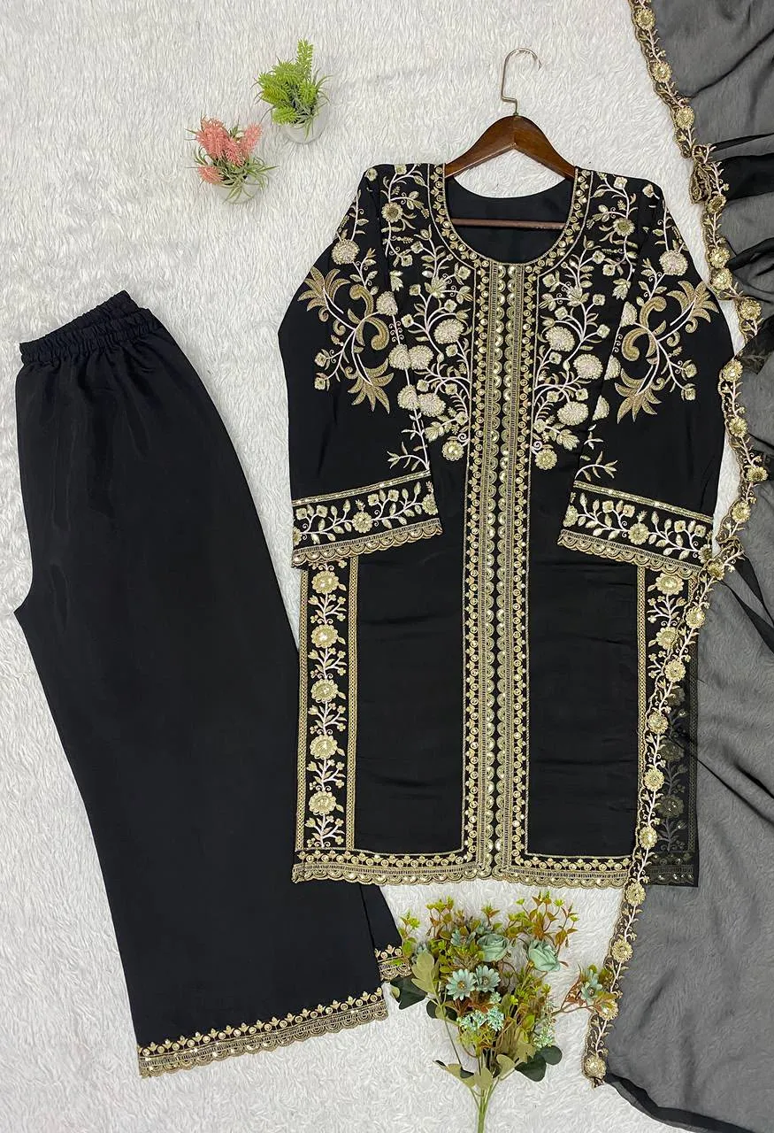 Roman Sequence Embroidery Suit Set Organza Dupatta Palazzo — Wholesale Readymade Suit, Vardan Ethnic wholesale from Surat — Photo 9