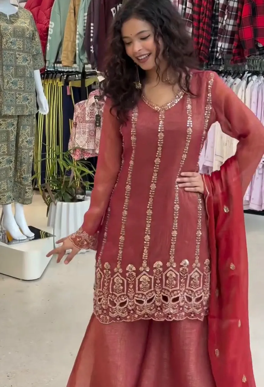 LG Leembogee Be 454 Designer Beads Sequence Embroidered Top Palazzo Dupatta Set
