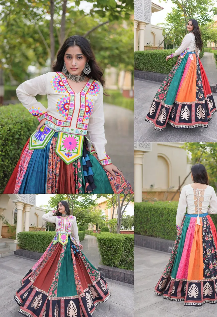 Cotton Lehenga Blouse Dupatta Set with Gota Real Mirror Lace Kutchi Gamthi Embroidery — Wholesale Lehenga, Vardan Ethnic wholesale from Surat — Photo 2