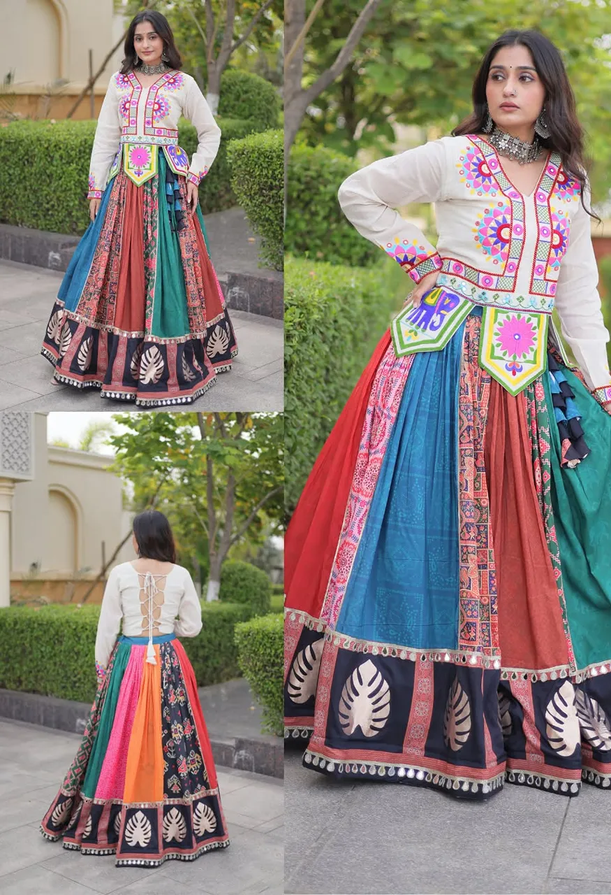 Cotton Lehenga Blouse Dupatta Set with Gota Real Mirror Lace Kutchi Gamthi Embroidery — Wholesale Lehenga, Vardan Ethnic wholesale from Surat — Photo 4
