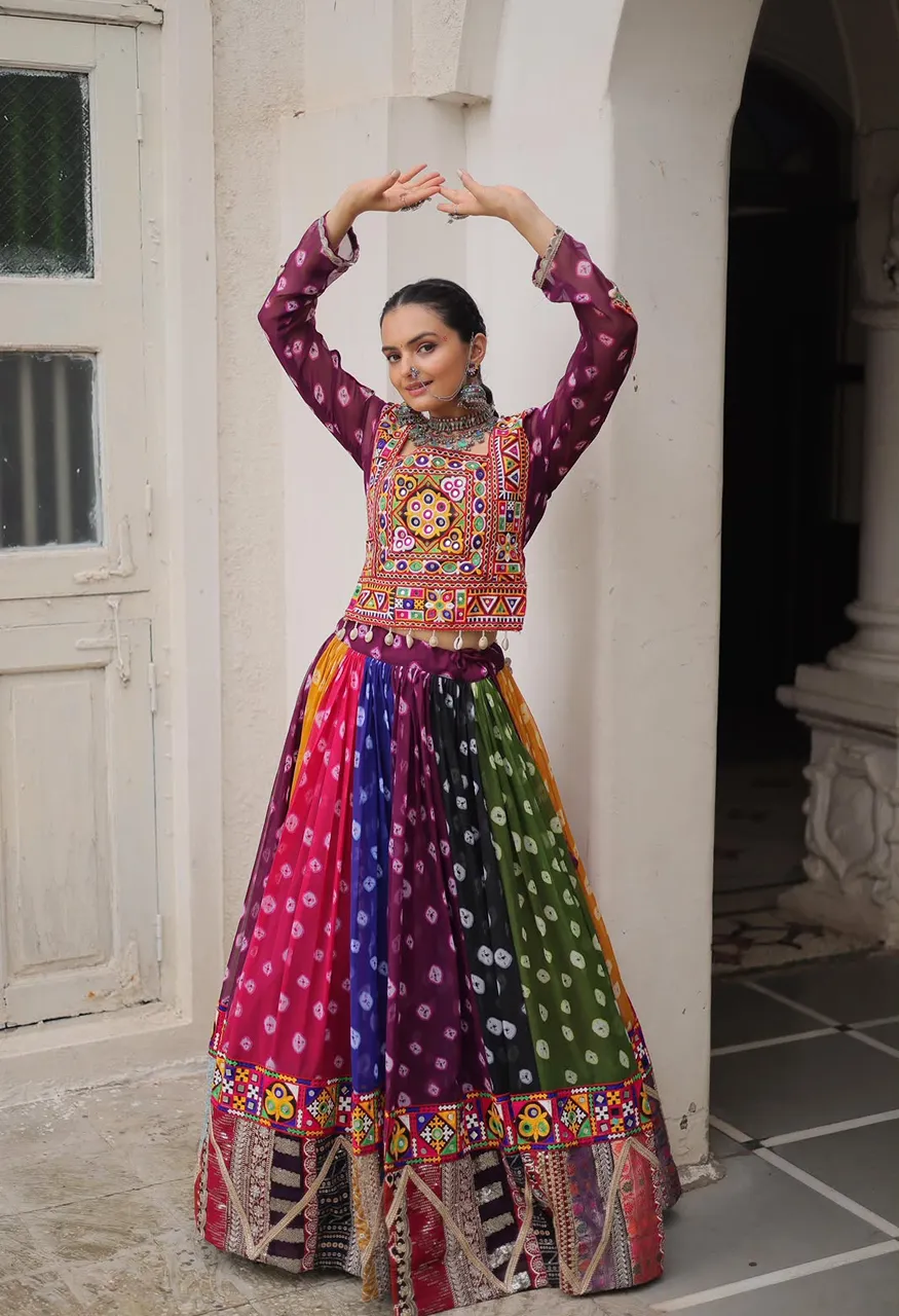 Lw 7138 Georgette Printed Kutchi Gamthi Work Designer Lehenga Blouse Set