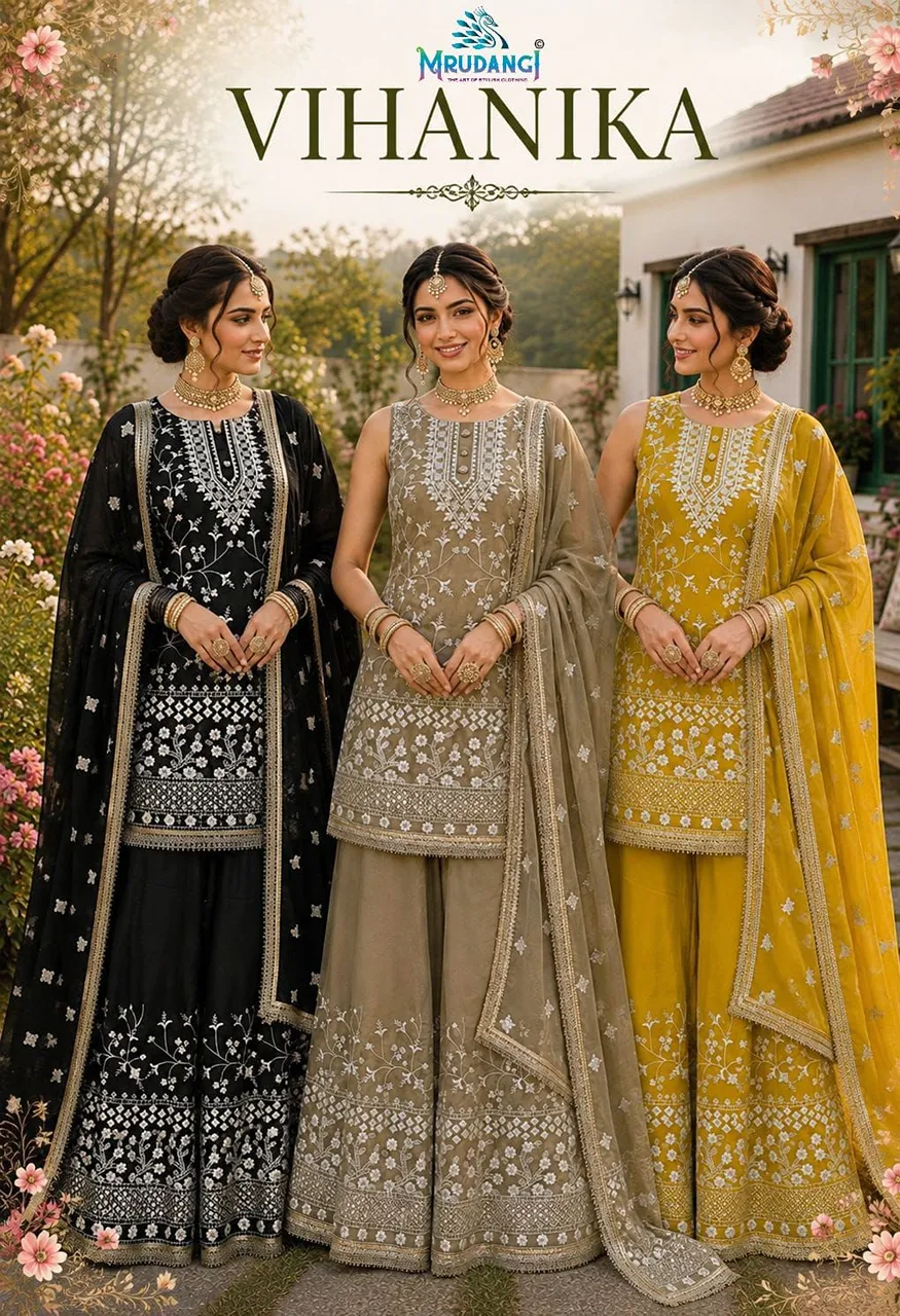 Vihanika Premium Georgette Embroidered 3 Piece Suit with Palazzo & Dupatta Set — Wholesale Kurtis, Mrudangi wholesale from Surat — Photo 6