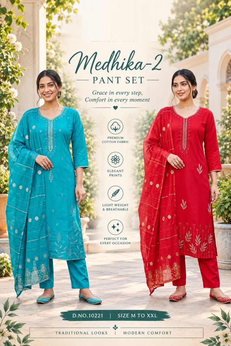 Medhika 10221 Roman Embroidered Kurti With Bottom Dupatta Catalog — Wholesale Kurtis, Vardan Ethnic wholesale from Surat — view 4