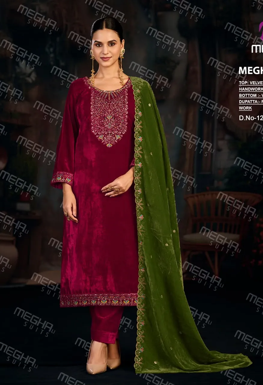 Meghali Kelvin Premium Velvet Suit Set with Thread Hand Work, Sleeve Detailing — Wholesale Dress Material, Vardan Ethnic wholesale from Surat — Photo 2