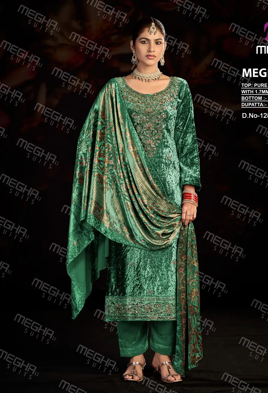 Meghali Nazar Designer Velvet Suit Set Diamond Crush Velvet Top Velvet Brasso Dupatta Bottom — Wholesale Dress Material, Vardan Ethnic wholesale from Surat — Photo 2