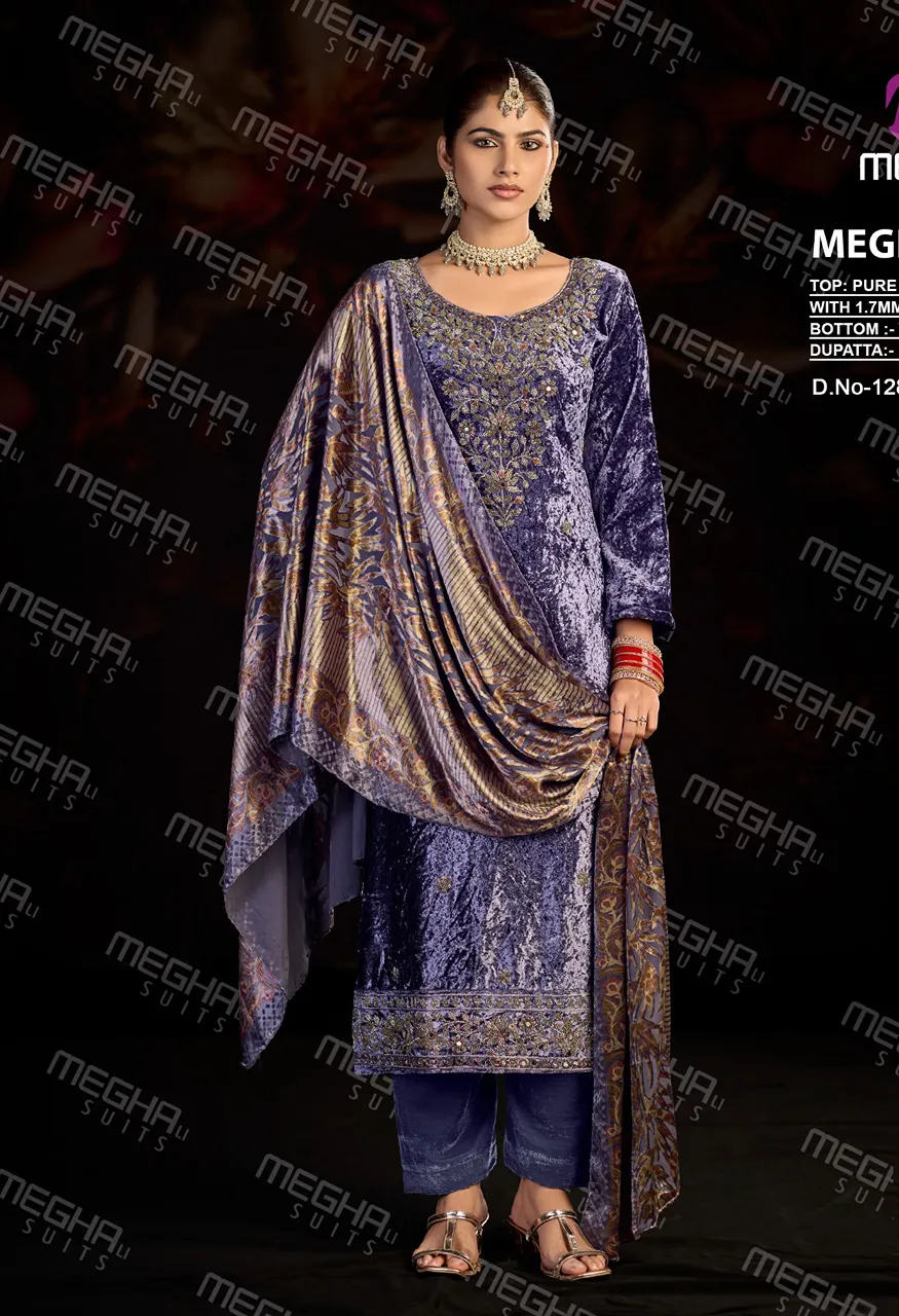 Meghali Nazar Designer Velvet Suit Set Diamond Crush Velvet Top Velvet Brasso Dupatta Bottom — Wholesale Dress Material, Vardan Ethnic wholesale from Surat — Photo 4