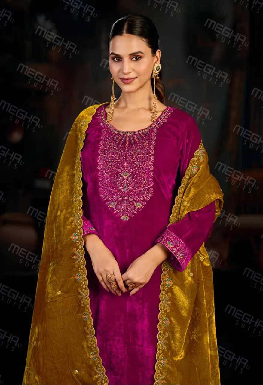 Meghali Kelvin Premium Velvet Suit Set with Thread Hand Work, Sleeve Detailing