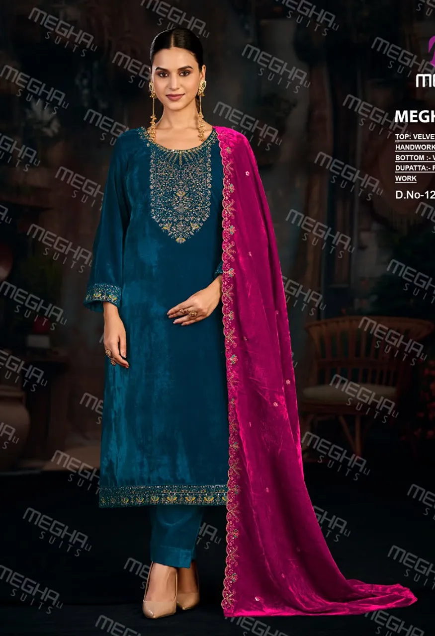 Meghali Kelvin Premium Velvet Suit Set with Thread Hand Work, Sleeve Detailing — Wholesale Dress Material, Vardan Ethnic wholesale from Surat — Photo 3