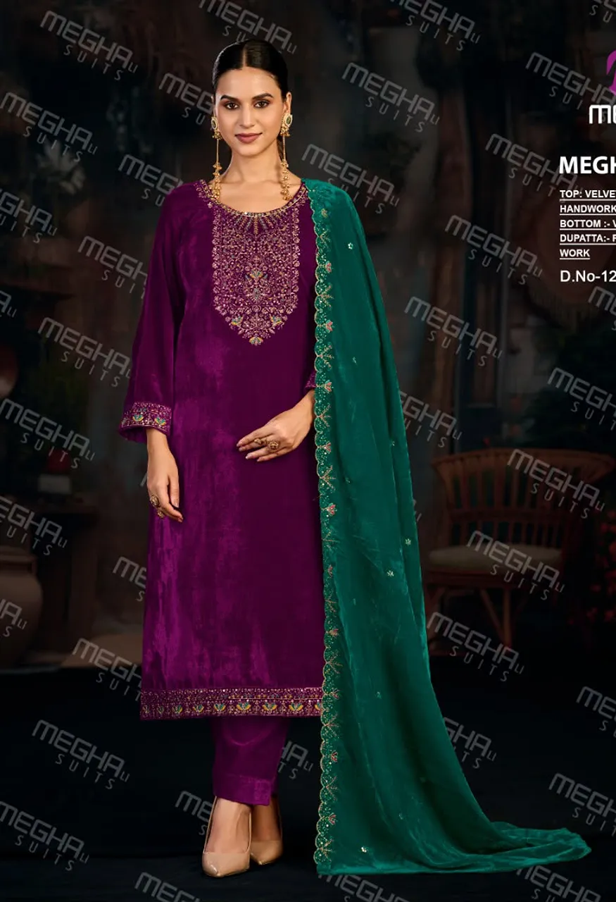 Meghali Kelvin Premium Velvet Suit Set with Thread Hand Work, Sleeve Detailing — Wholesale Dress Material, Vardan Ethnic wholesale from Surat — Photo 4