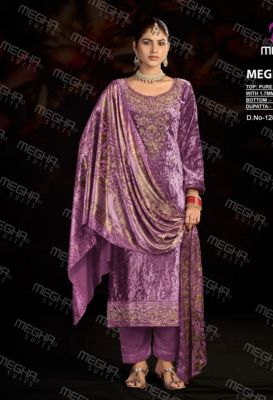 Meghali Nazar Designer Velvet Suit Set Diamond Crush Velvet Top Velvet Brasso Dupatta Bottom