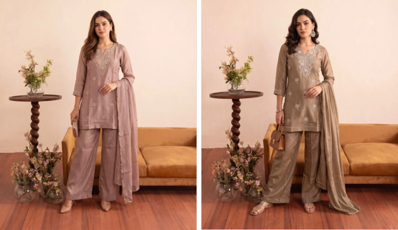 Naisha K 1295 Glass Crush Beads Work Designer Kurti WIth Bottom Dupatta — Wholesale Kurtis, Vardan Ethnic wholesale from Surat — Photo 3