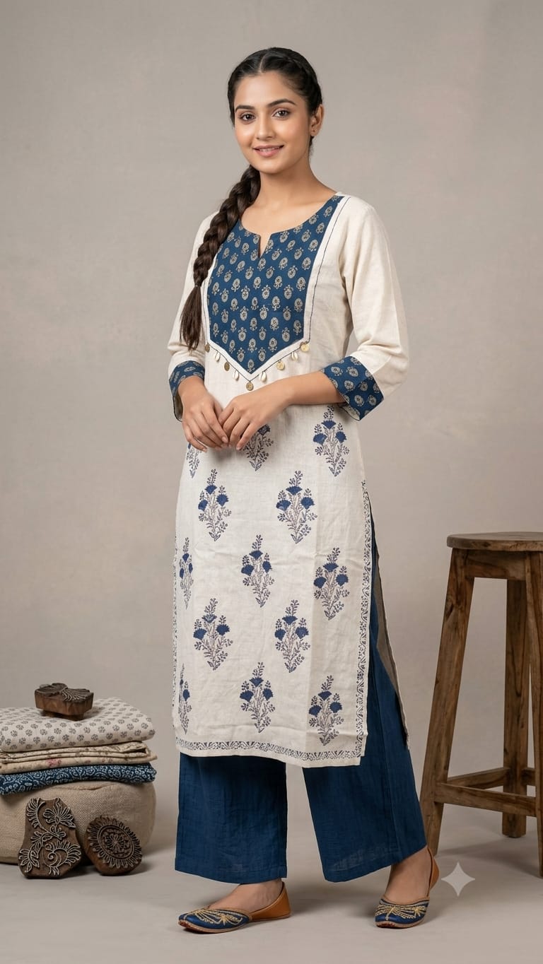 Naisha K 1296 Cotton Flex Block Print Handwork Kurti With Pant Collection — Wholesale Kurtis, Vardan Ethnic wholesale from Surat — Photo 2