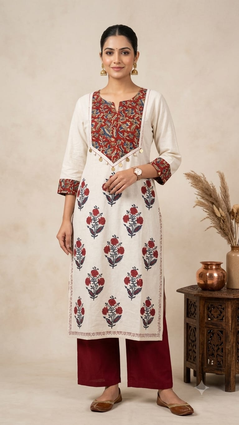 Naisha K 1296 Cotton Flex Block Print Handwork Kurti With Pant Collection — Wholesale Kurtis, Vardan Ethnic wholesale from Surat — Photo 6