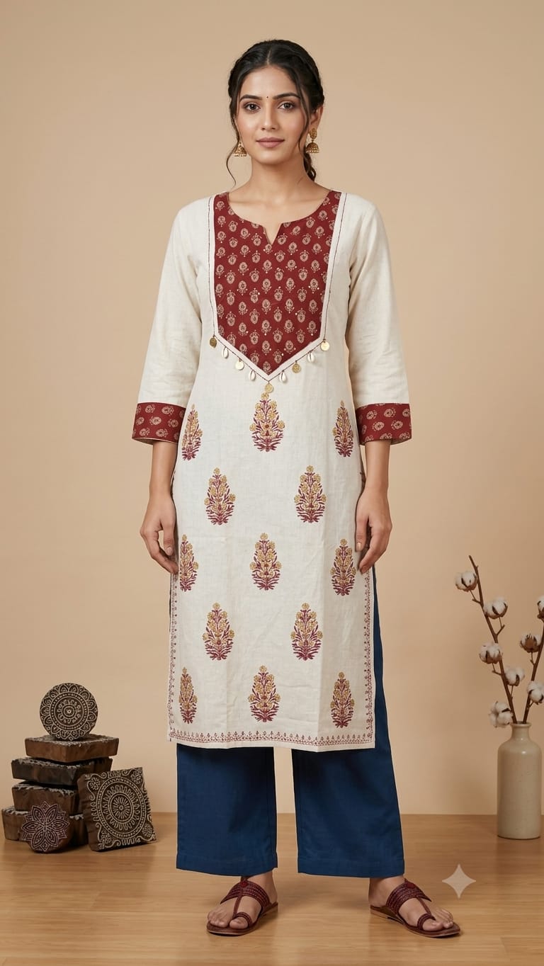 Naisha K 1296 Cotton Flex Block Print Handwork Kurti With Pant Collection — Wholesale Kurtis, Vardan Ethnic wholesale from Surat — Photo 5