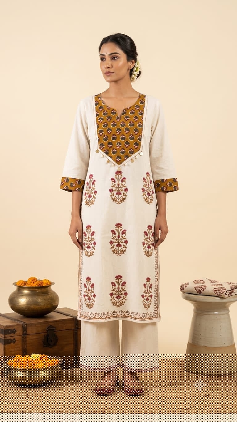 Naisha K 1296 Cotton Flex Block Print Handwork Kurti With Pant Collection — Wholesale Kurtis, Vardan Ethnic wholesale from Surat — Photo 4