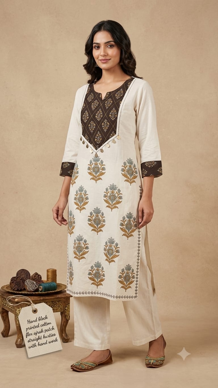 Naisha K 1296 Cotton Flex Block Print Handwork Kurti With Pant Collection — Wholesale Kurtis, Vardan Ethnic wholesale from Surat — Photo 3