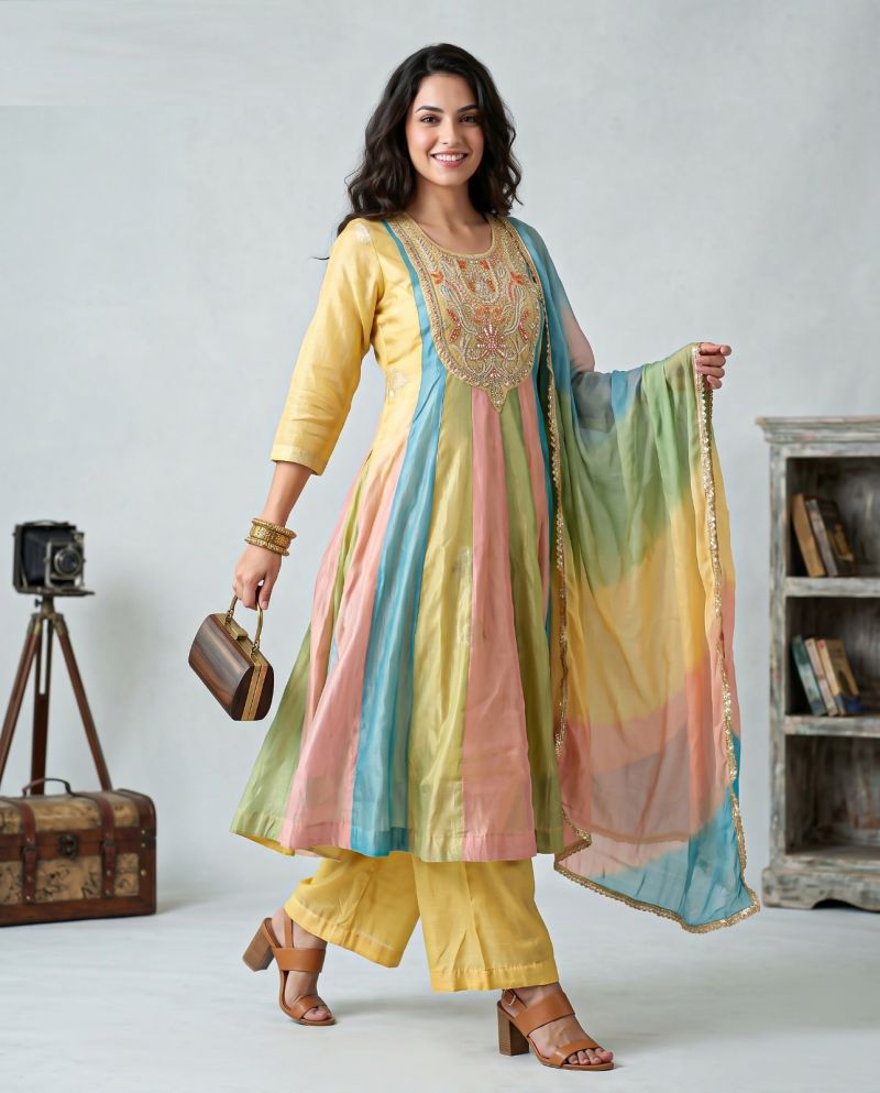 Naisha K 1315 Tissue Jacquard Anarkali Kurti With Bottom Dupatta — Wholesale Kurtis, Vardan Ethnic wholesale from Surat — Photo 2