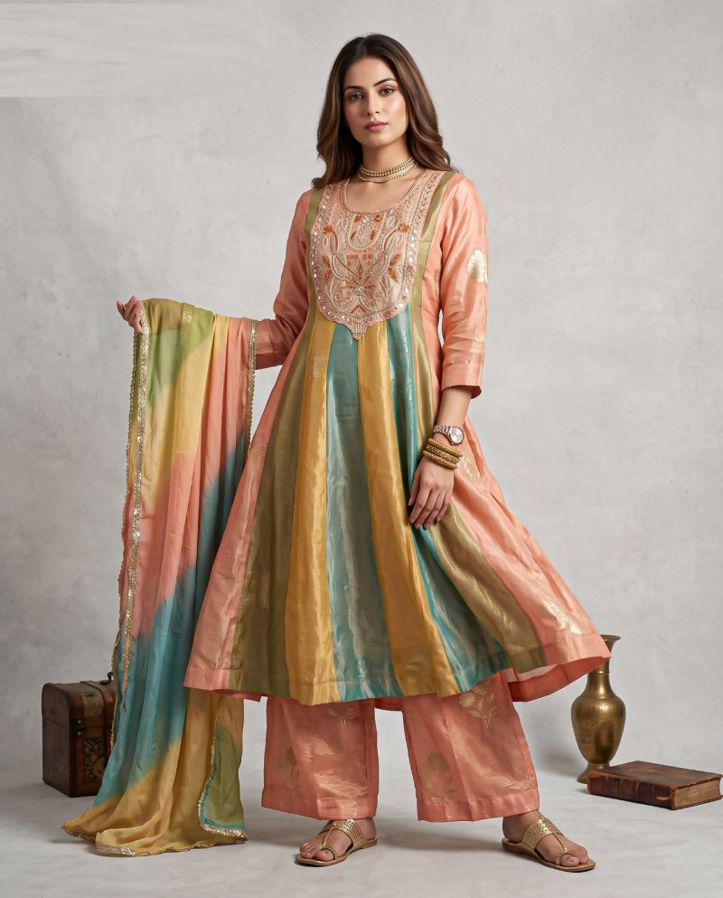 Naisha K 1315 Tissue Jacquard Anarkali Kurti With Bottom Dupatta — Wholesale Kurtis, Vardan Ethnic wholesale from Surat — Photo 4