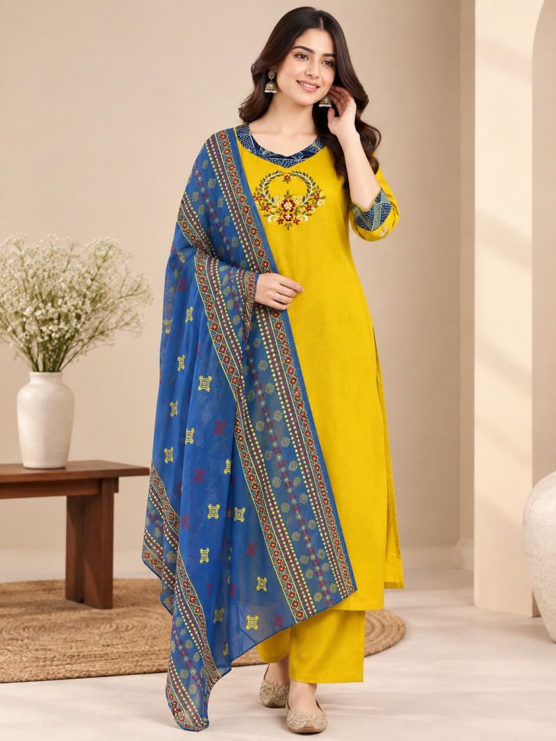 Naisha K 1321 Dhabu Cotton Embroidered Kurti With Bottom Dupatta Catalog — Wholesale Kurtis, Vardan Ethnic wholesale from Surat — view 2