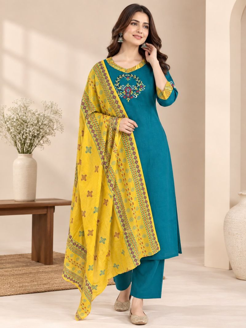 Naisha K 1321 Dhabu Cotton Embroidered Kurti With Bottom Dupatta Catalog
