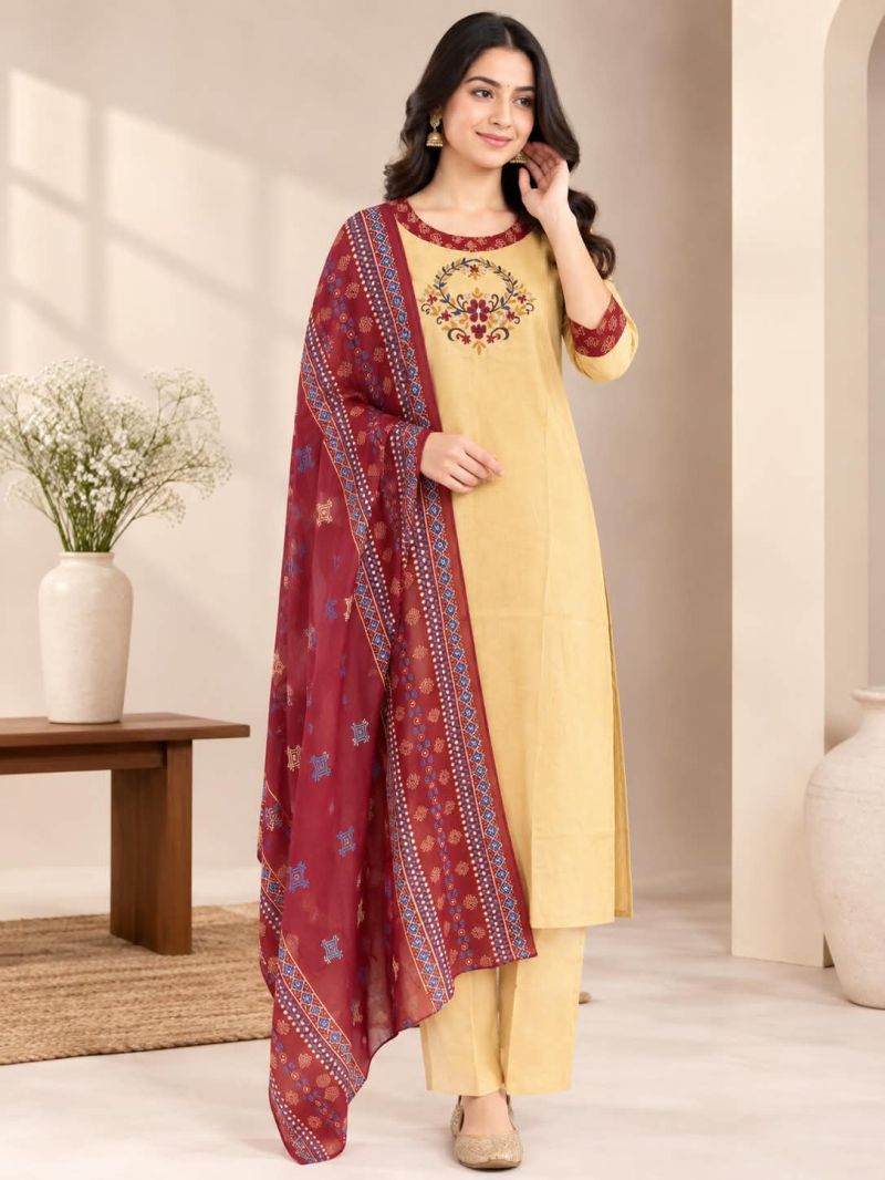 Naisha K 1321 Dhabu Cotton Embroidered Kurti With Bottom Dupatta Catalog — Wholesale Kurtis, Vardan Ethnic wholesale from Surat — view 5