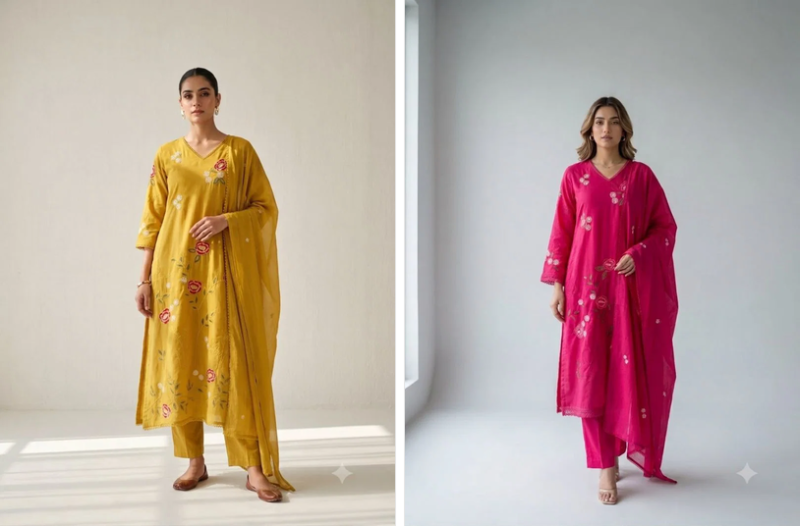 Naisha K 1344 Mul Cotton Embroidered Designer Kurti With Bottom Dupatta Catalog — Wholesale Kurtis, Vardan Ethnic wholesale from Surat — view 4