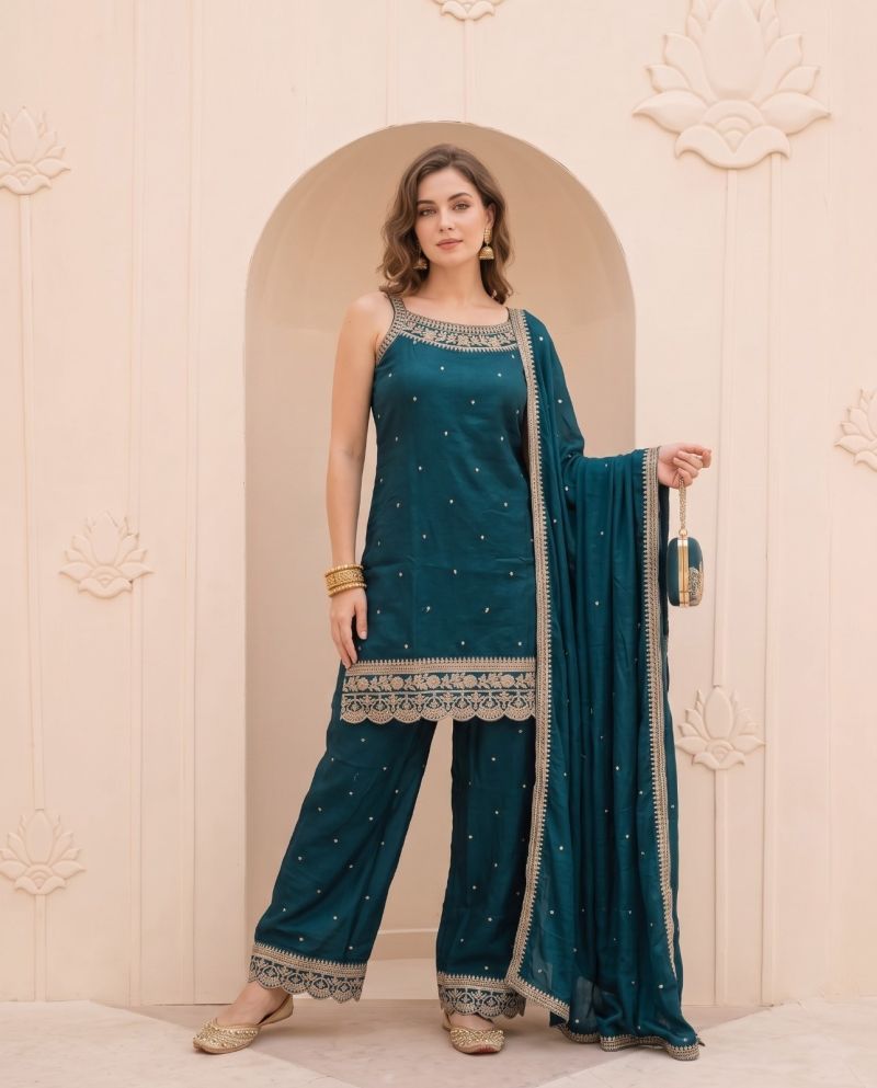 Naisha K 1348 Vichitra Silk Embroidered Designer Kurti With Bottom Dupatta Catalog — Wholesale Kurtis, Vardan Ethnic wholesale from Surat — view 5