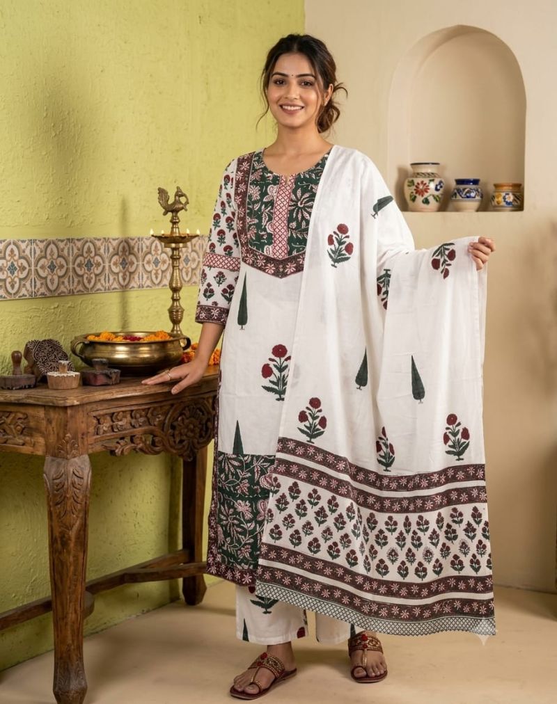 Naisha K 1351 Cotton Hand Block Printed Kurti With Bottom Dupatta Catalog — Wholesale Kurtis, Vardan Ethnic wholesale from Surat — Photo 2