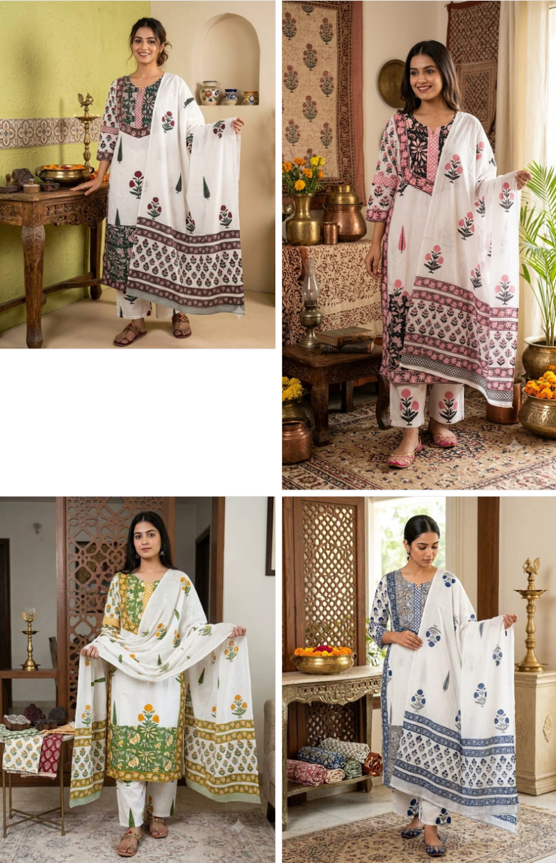 Naisha K 1351 Cotton Hand Block Printed Kurti With Bottom Dupatta Catalog — Wholesale Kurtis, Vardan Ethnic wholesale from Surat — Photo 6