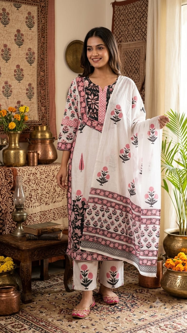 Naisha K 1351 Cotton Hand Block Printed Kurti With Bottom Dupatta Catalog