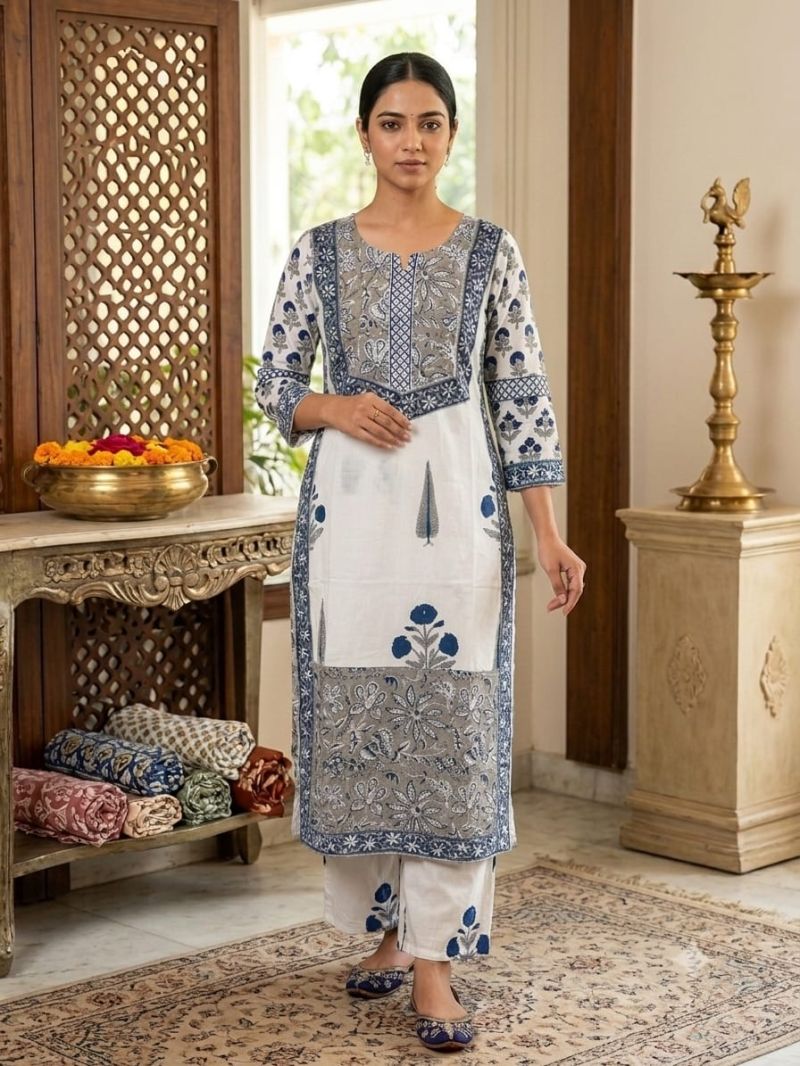 Naisha K 1351 Cotton Hand Block Printed Kurti With Bottom Dupatta Catalog — Wholesale Kurtis, Vardan Ethnic wholesale from Surat — Photo 5