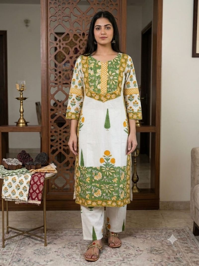 Naisha K 1351 Cotton Hand Block Printed Kurti With Bottom Dupatta Catalog — Wholesale Kurtis, Vardan Ethnic wholesale from Surat — Photo 4
