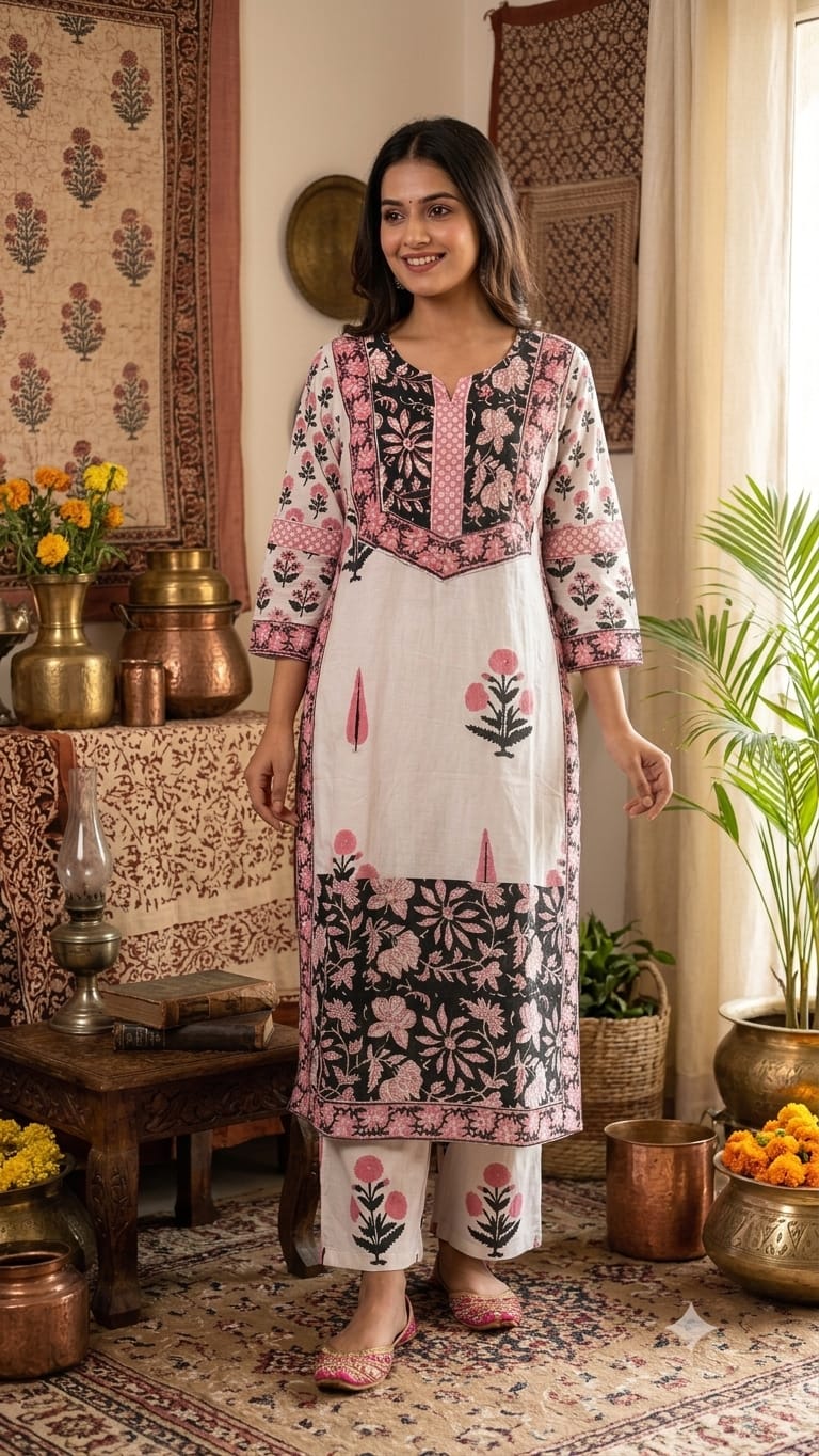 Naisha K 1351 Cotton Hand Block Printed Kurti With Bottom Dupatta Catalog — Wholesale Kurtis, Vardan Ethnic wholesale from Surat — Photo 3